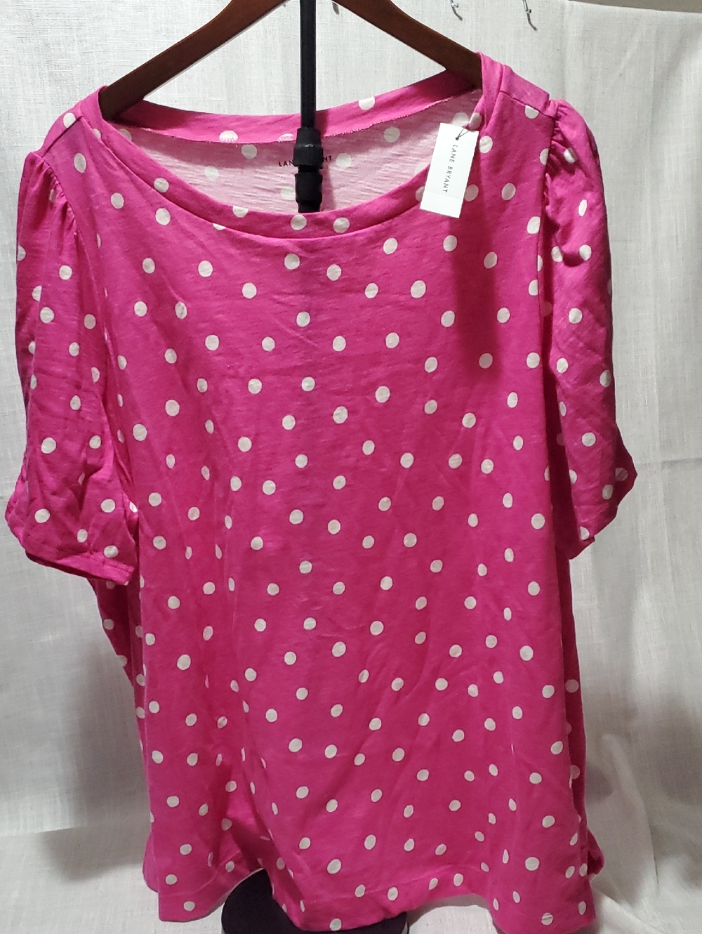 NWT Lane Bryant Fuchsia Polka Dot Boat Neck Top w/rouched sleeves